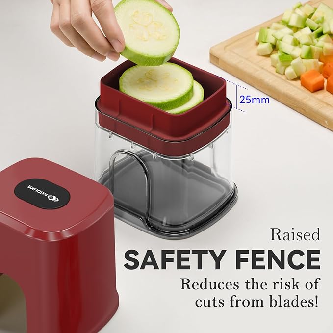 KEOUKE Vegetable Chopper 3 Interchangeable Blades Onion Chopper Multi-functional Potato French Fry Cutter Manual Vegetable Cutter Dicer for Cucumber, Tomato, Carrot with Container & Storage Box, Red
