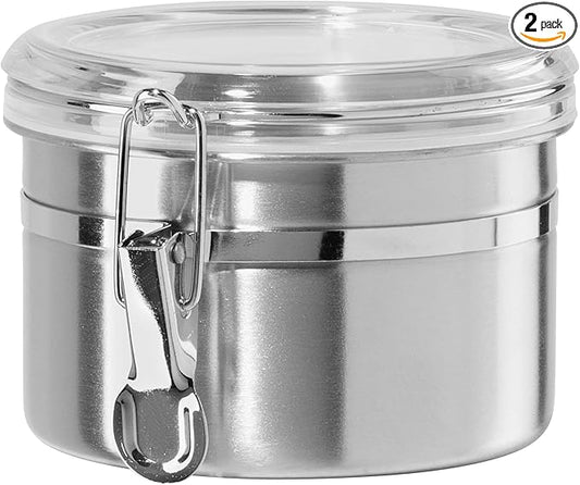 OGGI Stainless Steel Kitchen Canister 26 fl oz - Airtight Clamp Lid, Clear See-Thru Top - Ideal for Kitchen Storage, Food Storage, Pantry Storage. Size 5" x 3.5".