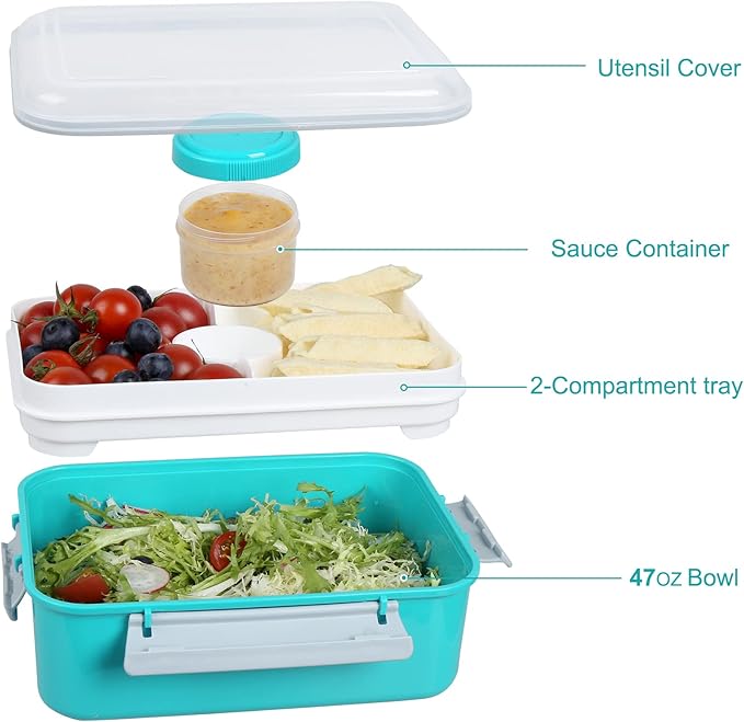 Shopwithgreen 47-oz Bento Box with Removable Tray & Dressing Pots, Food Prep Storage Containers with Lids, Coastal Aqua