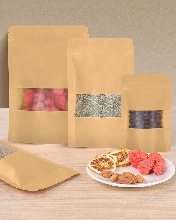 100pcs Kraft Bags with Window 5.9x8.6 Inches Brown Reusable Sealable Zip Lock Food Storage Stand up Paper Pouches for Home or Business