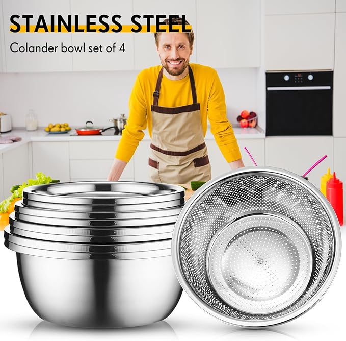 Uiifan 8 Pcs Stainless Steel Mixing Bowl with Stainless Steel Colander Rice Washing Colander Bowl Set Nesting Bowls for Washing Draining Storage(1.8/3.9/4.9/6.6 QT)