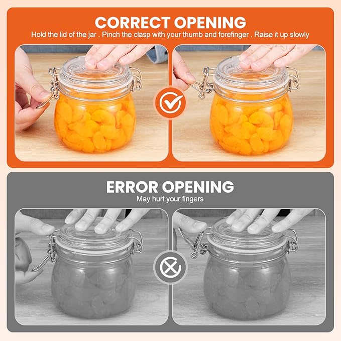 17 oz Glass Jars with Airtight Lids And Leak Proof Rubber Gasket, Wide Mouth Mason Jars with Hinged Lids for Kitchen Canning Cereal,Pasta,Sugar,Beans,Spice, Glass Storage Containers, Set of 6