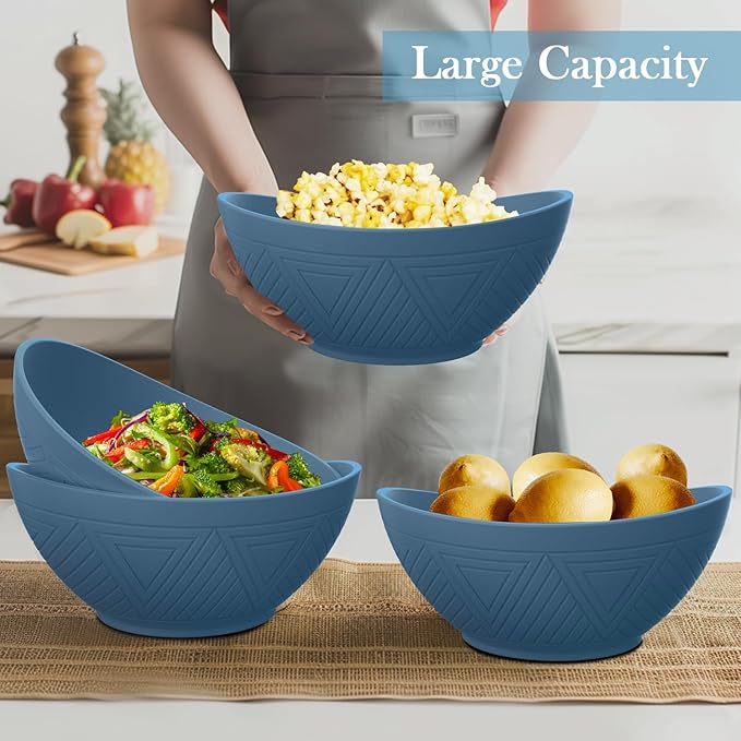 65 OZ Wheta Straw Bowls Set - Unbreakable Large Salad Bowl 4 PCS, Large Capacity Kitchen Bowls Microwave & Dishwasher Safe Serving Bowl for Salad, Popcorn, Chip (Blue)