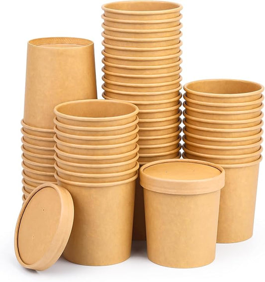 16 Oz 50 Pack Paper Soup Cups with Lids, Compostable Soup Containers, Disposable Paper Containers with Lids for Microwave, Refrigerator, On-the-Go, Desserts, Ice Cream with PLA Lined