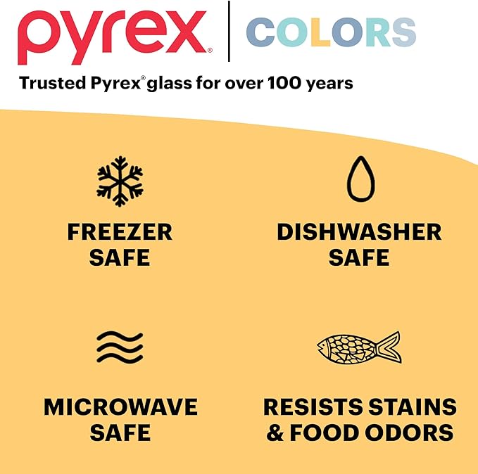 Pyrex Colors (6-Pack, Full Set) Tinted Glass Food Storage Container Set, Snug Fit Non-Toxic Plastic BPA-Free Lids, Freezer Dishwasher Microwave Safe, 3 Cup, 6 Cup & 11