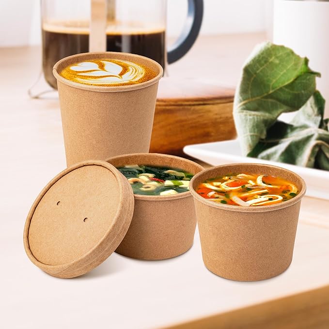 Paper Soup Containers with Lids, 50 Pack Brown Soup Bowls Biodegradable Ice Cream Cups with LidS for Hot Soup or Ice Cream (50 sets, 8 oz)