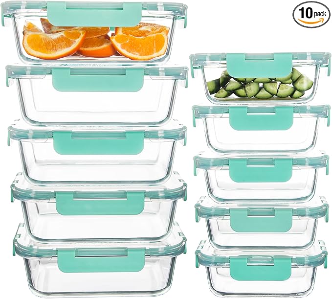 10 Pack Glass Food Storage Containers with Airtight Lids, Ideal for Meal Prep, Lunches - Microwave and Dishwasher Safe, Mint Green