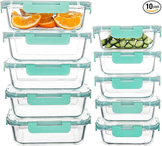 10 Pack Glass Food Storage Containers with Airtight Lids, Ideal for Meal Prep, Lunches - Microwave and Dishwasher Safe, Mint Green