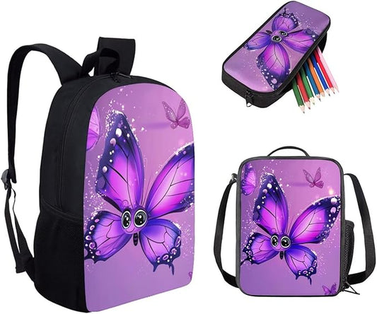 Dolyues Cartoon Butterfly Girls Backpack Combo: 17 Inch Bookbag with Ergonomic Straps, Matching Lunch Bag & Sparkling Pencil Case - Ideal Gifts for School Girls