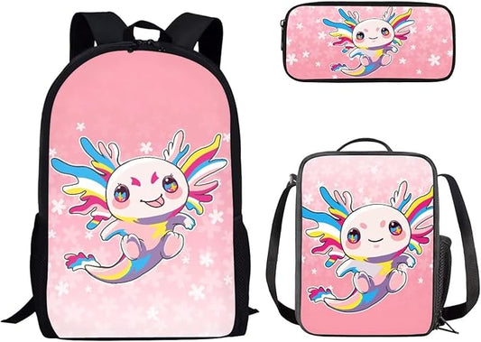 Dolyues Colorful Axolotl 17-Inch Waterproof College Backpack Set - Includes Lunch Box & Black Pencil Case - 3-Piece Bookbag for Students