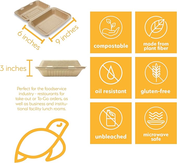 100% Compostable Disposable Food Containers with Lids [9”X6” 50 Pack] Eco-Friendly Take-Out TO-GO Containers, Heavy-Duty, Biodegradable, Unbleached by Earth's Natural Alternative
