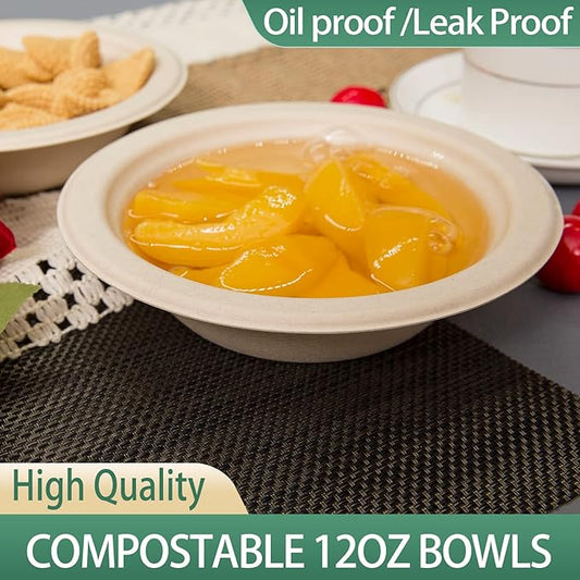 12 oz Compostable Paper Bowls 200pack Heavy-Duty Eco-Friendly Bulk Pack Disposable Bowls Biodegradable Made of Sugar Cane Fibers, Hot or Cold Use