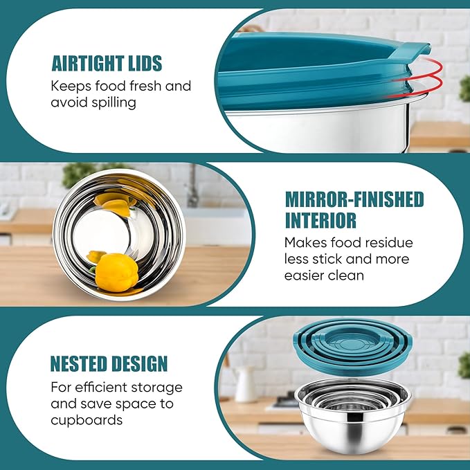 P&P CHEF Mixing Bowl with Lid Set of 5, 10-Piece Stainless Steel Nesting Salad Bowl Set for Prepping, Mixing and Serving, Size 4.6, 3, 1.5, 1, 0.7 QT, Rimmed Edges & Flat Base, Blue