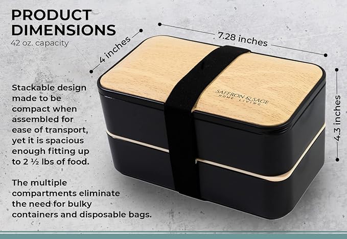 Saffron & Sage Bento Lunch Box - 42oz Black Japanese style Bento Box for Adults or Kids with Cutlery, Chopsticks, Sauce Container and Bento Bag - Leak proof, Dishwasher, Freezer, Microwave safe