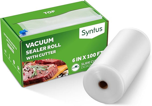 Syntus 6" x 100' Food Vacuum Seal Roll Keeper with Cutter Dispenser, Commercial Grade Vacuum Sealer Bag Rolls, BPA Free Food Vac Bags, Ideal for Storage, Meal Prep and Sous Vide