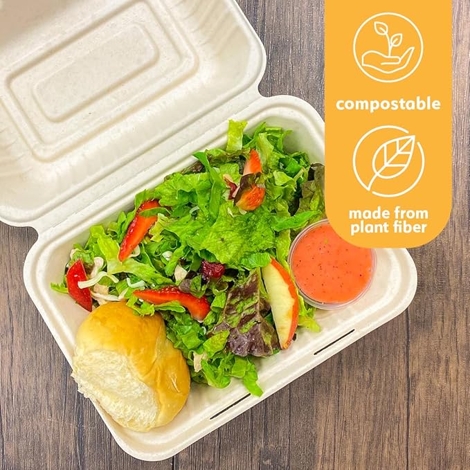 100% Compostable Disposable Food Containers with Lids [9”X6” 50 Pack] Eco-Friendly Take-Out TO-GO Containers, Heavy-Duty, Biodegradable, Unbleached by Earth's Natural Alternative