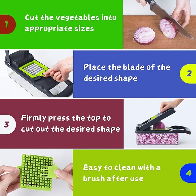 Vegetable Chopper, Pro Onion Chopper, 16-in-1 Multifunctional Food Chopper and Slicer, with 8 Adjustable blades for Cutting Different Sizes and Shapes, Carrot Chopper with Container-Kitchen Essentials