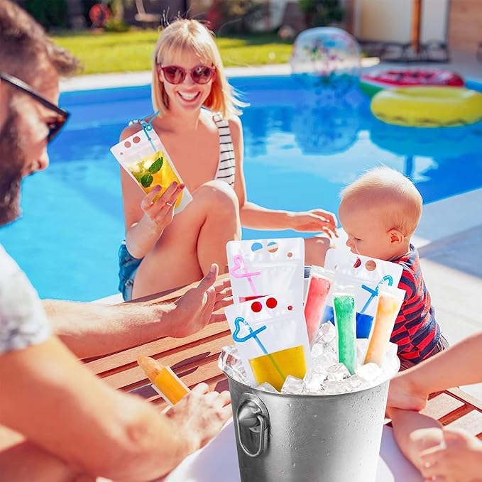 100Pcs double zip pouches drink Bags with 100 Straws,&30 Popsicle Bags Heavy-duty Handheld Foldable Ice Beverage Bags for Smoothies, Cold & Hot Drinks