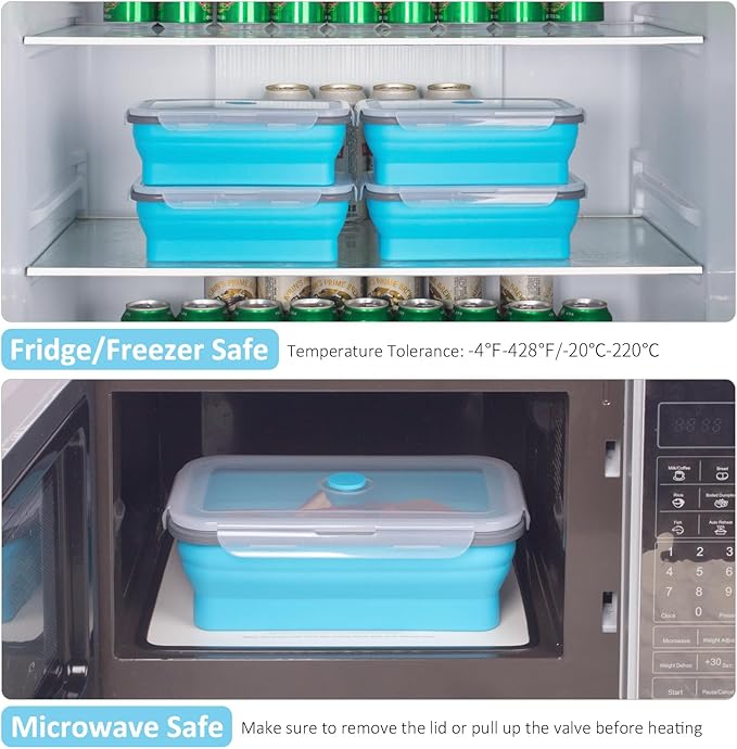 Extra Large Collapsible Food Storage Containers with Lid & Air Vent, 58 oz, 4 Pack, XL Collapsible Marinade Container with Lid Foldable Silicone Containers, Microwave Freezer Dishwasher Safe, Blue