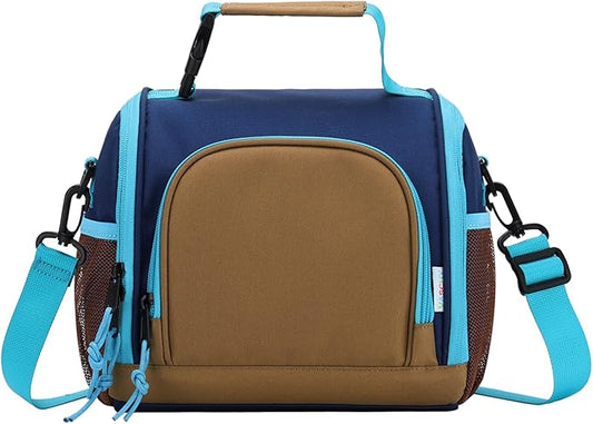 VASCHY Lunch Bag for Kids, Boys Cute Reusable Insulated Large Lunch Box Container for Daycare School Kindergarten Preschool Brown Navy