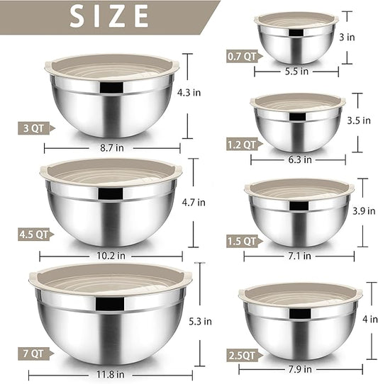 TeamFar Mixing Bowls with Lids, 7 Pieces Stainless Steel Metal Nesting Salad Bowls for Baking Prepping Serving, 7, 4.5, 3, 2.5, 1.5, 1.2, 0.7 QT, Non-Toxic & Sturdy, Airtight Lid & Easy Clean, Khaki