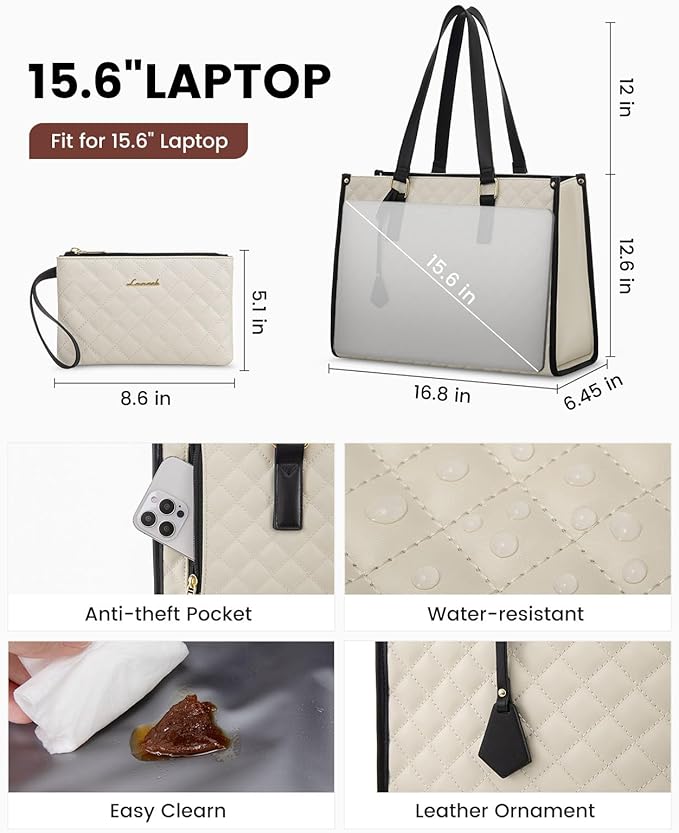 LOVEVOOK Lunch Tote Bag for Women, 15.6 Inch Laptop Bag with Insulated Lunch Compartment, Quilted Large Capacity Computer Handbag with Purse for Business, Work, Collage, Office, Casual, Beige-black