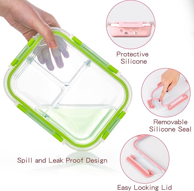 5 Pack Glass Meal Prep Containers 3 Compartment with Lids, Divided Glass Storage Containers with Silicone Sleeve for Lunch, Leak-Proof Portion Control Food Containers, Dishwasher Safe, 34 oz