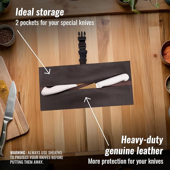 Under NY Sky Genuine Leather Knife Roll Case - 2 Slots - Real Leather Pouch - Portable Bag for Cooking Tools, Utensils, Cutlery Knives, Brushes - Chefs, Kitchen, Travel, Gift - Brown L