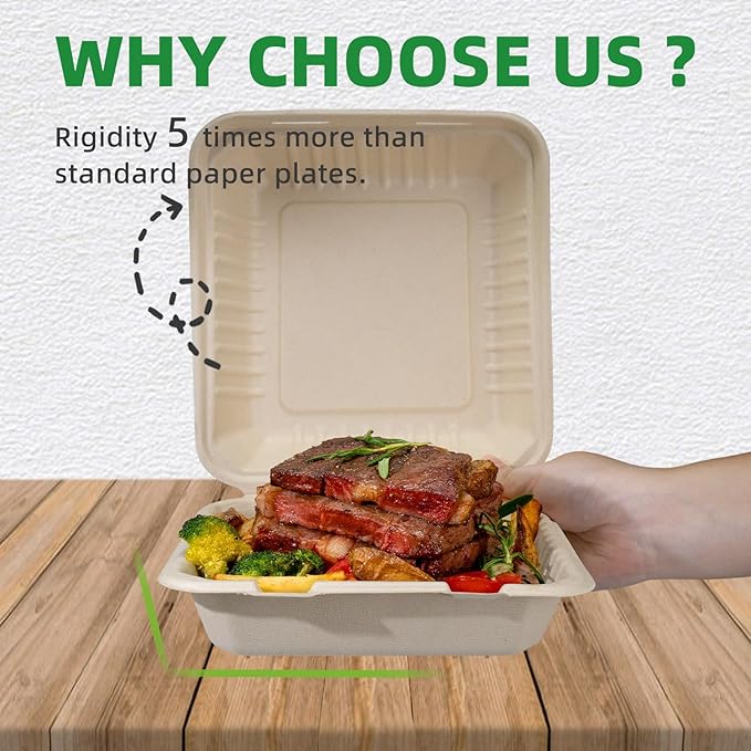 [8”X8” 100-Pack Compostable Clamshell Take Out Food Containers with Lid, Disposable Heavy-Duty To Go Containers Lunch Box, Eco-Friendly Biodegradable Bagasse To Go Boxes for Restaurant,Party