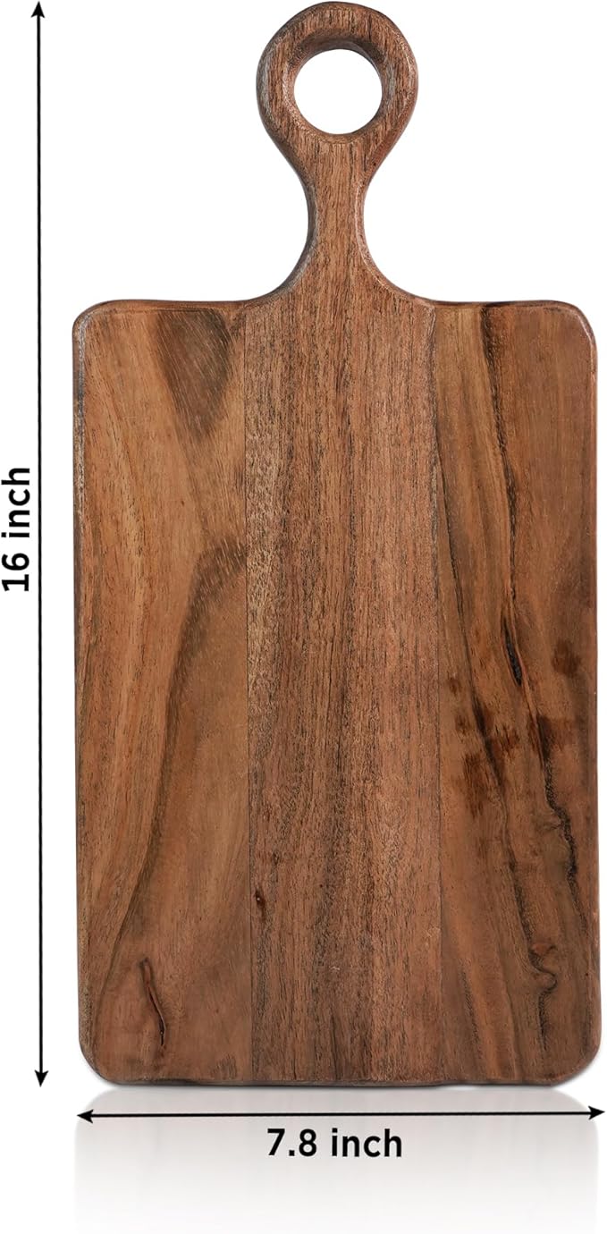 Acacia Wood Cutting Board with Natural Live Edge & Ring Handle, Vegetable Chopping and Serving Rustic Paddle for Bread Cheese Charcuterie and Pizza