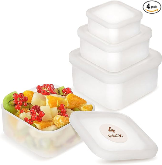 4 Pack Clear Nesting Silicone Food Storage Containers with Lids, Eco-Friendly, Reusable Silicone Food & Home Storage Containers (44oz, 23.7oz, 10oz, 3.4oz) Airtight/Leak Proof (4 Lids/4 Container Set)