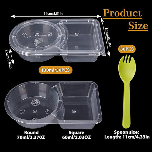 50 pcs Double Compartment Condiment Container, Reusable Snack Containers with Lids, Sauce Dipping Box with 50pcs Spoons, Snackle Box Container Used for Refrigeration, Portion Control, Dipping Sauce