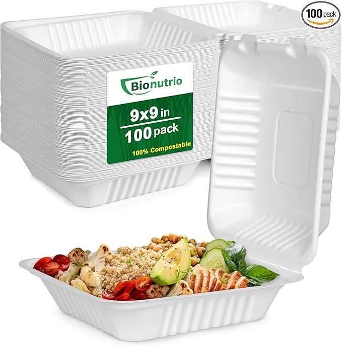Take Out Food Containers With Lids, 100 Pack Clamshell To Go Containers, 9x9 Carry Out Container For Food, Eco-Friendly Biodegradable To Go Boxes, Biodegradable Made From White Sugarcane Fibers