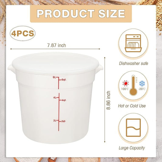 Hushee 4 Pcs Commercial Food Storage Containers Round PP Food Storage Containers with Lids for Pantry Translucent Plastic Tubs with Lids for Storage Food Safe Bucket with Scales and Handles (6 Quart)