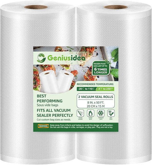 Geniusidea Vacuum Sealer Bags 8''x50' 2 Pack for Food Saver, Seal a Meal, BPA Free, Commercial Grade, Custom Fit Food Saver Bags Rolls for Sous Vide, Meal Prep, Vac Storage (100 Feet in Total)