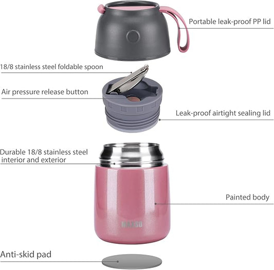 Insulated Thermo Food Jar for Hot & Cold Food for Kids Adult, 17&24 oz Soup Thermal Hot Food Containers for Lunch, Triple Layer Insulation Stainless Steel Food Jar with Spoon (2 Pack Pink)
