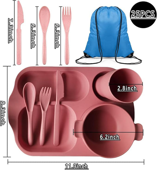 25 Pcs Wheat Straw Dinnerware Sets BPA Free Lightweight Bowl Reusable Dinner Plates Microwave Dishwasher Safe Cup Portable Spoon Knife Fork Dinnerware for Kids Aldult Home School Office Picnic Travel