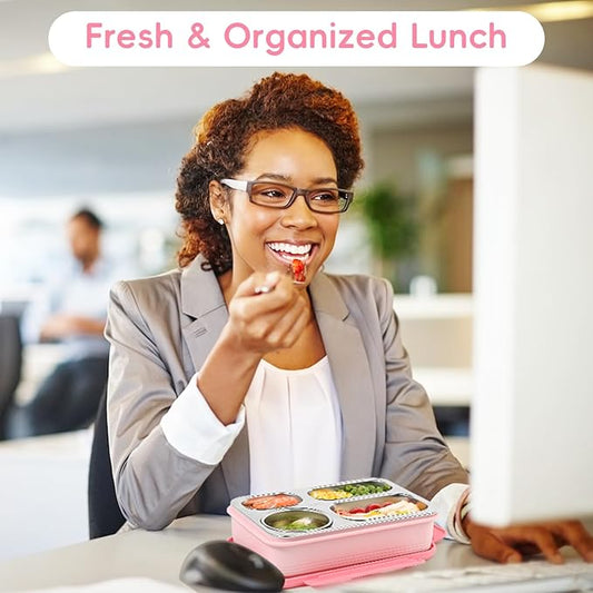 36-oz Lunch Box Containers Stainless Steel Bento Box for Adults with 4-Compartment Snack Tray, Soup Bowl with Lid & Metal Spoon, Dishwasher Safe, Easy to Carry, Pink