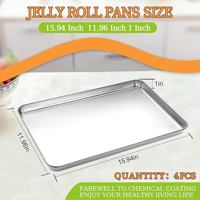 CEKEE Baking Sheet Set of 4, Stainless Steel Cookie Sheet & Baking Pan Tray, Toaster Oven Tray, Baking Pan Set, Rectangle Size 16 x 12 x 1 inch, Non Toxic, Mirror Finish & Rust Free, Dishwasher Safe