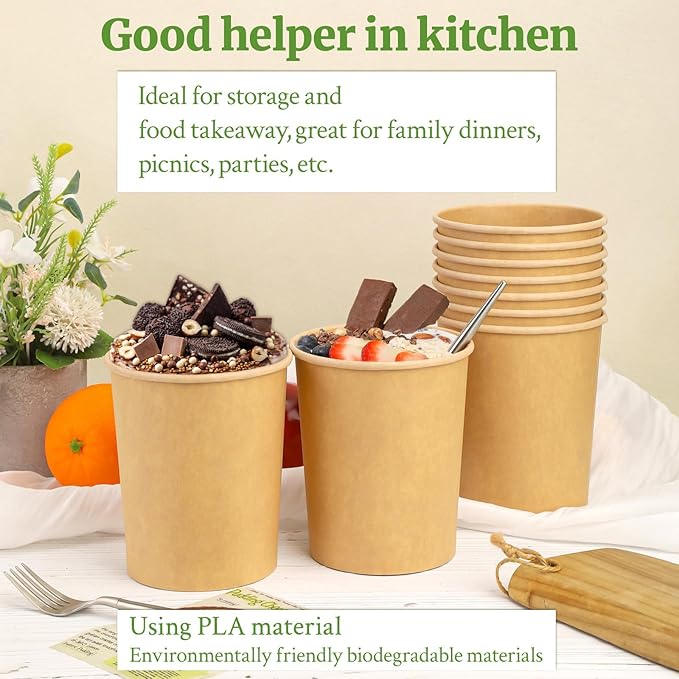 32 Oz Compostable Paper Soup Cups, 25 Pack Kraft Heavy Duty Cups, Disposable Paper Soup Containers with Vented Lids, Microwave Safe Party Cups, Eco Friendly Alternative to Plastic Containers