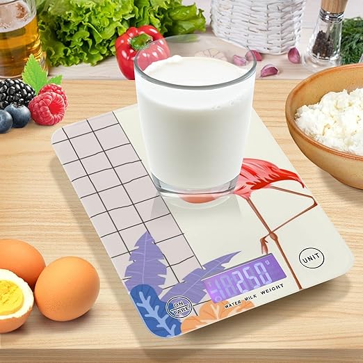 Food Scale Kitchen Digital Scale Food Ounces and Grams Dieting Baking Cooking Waterproof Glass Panels LCD Display,4 Units Scale Tare Function Flamingos