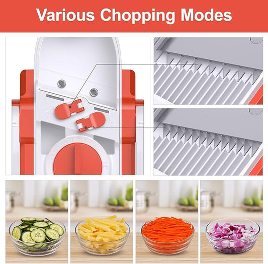 Safe Mandoline Slicer for Kitchen, Adjustable Thickness 0.1-8 mm, 5 in 1 Multi Vegetable Chopper, Potato Slicer, Food Chopper French Fry Cutte, Paring Knife/Cleaning Brush, Mandolin (Tropical orange)