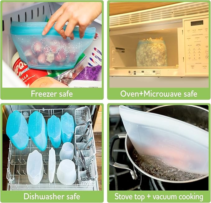 Reusable Silicone Food Storage Bag, Stand Up Food Storage Container, Reusable Zipper seal bag, no lid required, for Food Storage& Meal Prep, Freezer Oven Dishwasher - Safe, Set of 6 Bowls