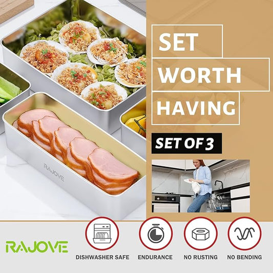 3 Pack Deepen Bacon Storage Containers for Fridge, 304 Stainless Steel Food Storage Container With Removable Drain Tray, Deli Meat Containers with Lids, Dishwasher Safe, Keeps Fruits, Vegetables Fresh