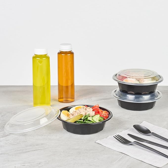 Restaurantware Asporto 16 Ounce To Go Boxes 100 Microwavable Take Out Food Containers - Clear Plastic Lids Included Do Not Contain BPA Black Plastic Catering Food Containers Disposable Round
