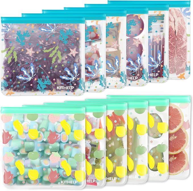 Reusable Freezer Gallon bags 12 PACK Extra Large Reusable Freezer Bags BPA Free Leakproof Plastic Bags Reusable Food Storage Bags Silicone Kids Snack Bags Reusable Ziplock Bags