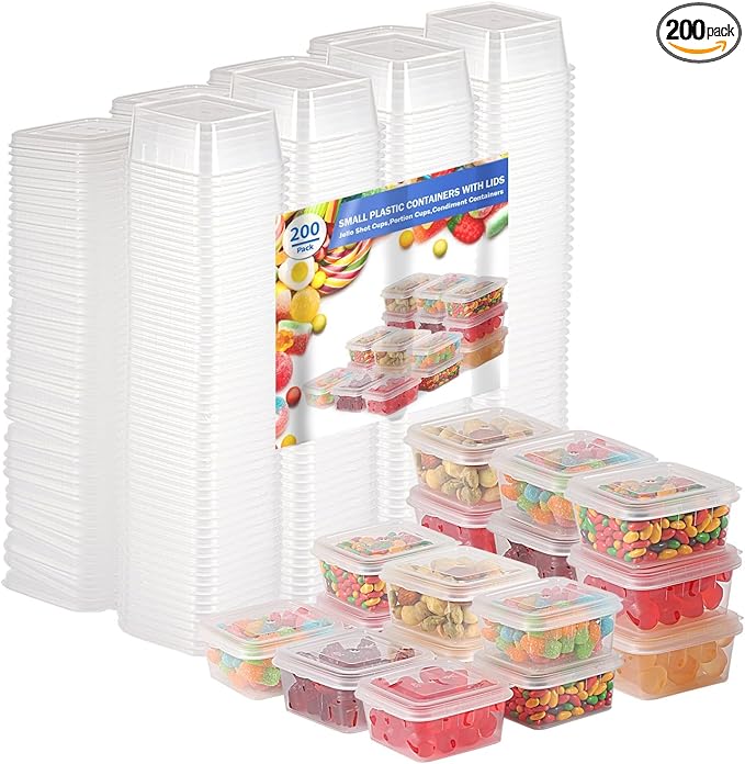 4 oz Plastic Containers with Lids(200 Pack)，Condiment Containers with Lids, Portion Cups, Jello Shot Souffle Sauce Cups (Square)