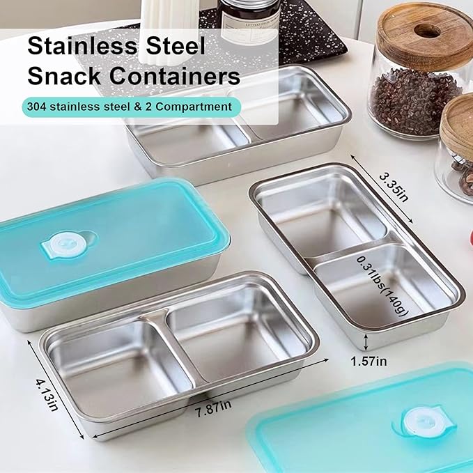 2pcs Grab and Go Snack Containers Stainless Steel,Double Compartment Snack Condiment Containers with Lid,Reusable Food Lunch Meal Container Prep,Leak Proof Bento Box for Travel,Camping,Packs Container