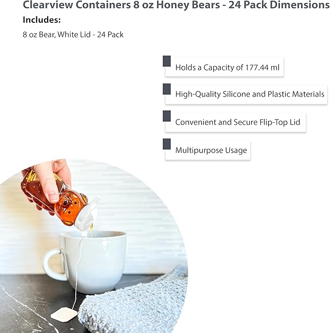 24 Pack of 8 Ounce Honey Bears with Sealable White Flip Top Lids (8 oz. Bear, 24pk, White)