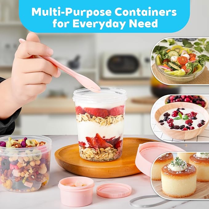 TINSKY 4 Pack 27oz Yogurt Parfait Cups with Lids and Spoons, Overnight Oats Containers, Reusable Topping Compartment for Breakfast with Yogurt, Cereal or Oatmeal On-the-Go